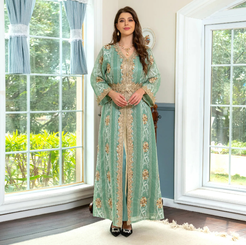 Classic Dresses Women Elegant Long Sleeve Birthday Luxury Gown Evening Muslim Abaya Green Mesh Gold Embroidered Dresses