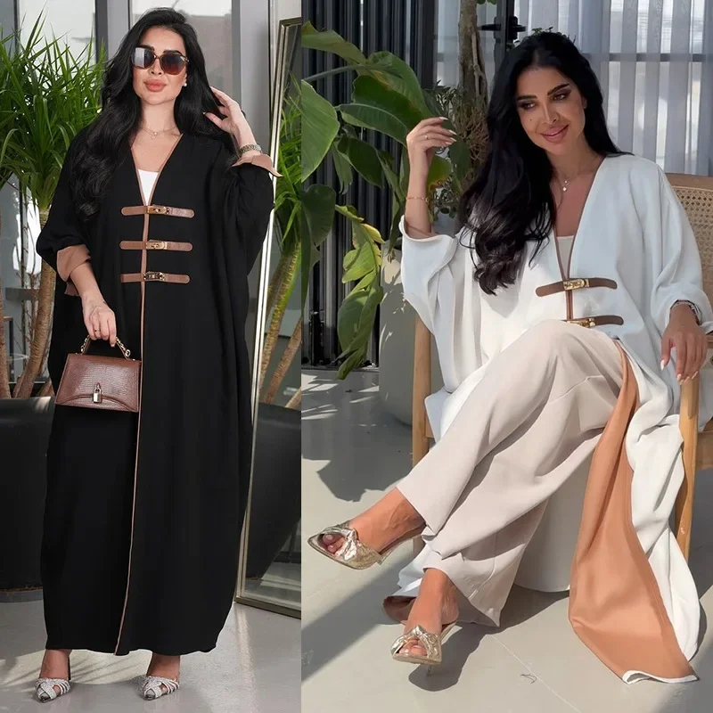 Abaya Kaftan Solid Loose Abayas for Women Leather Button Women's Dress for Middle East Dubai Arabia