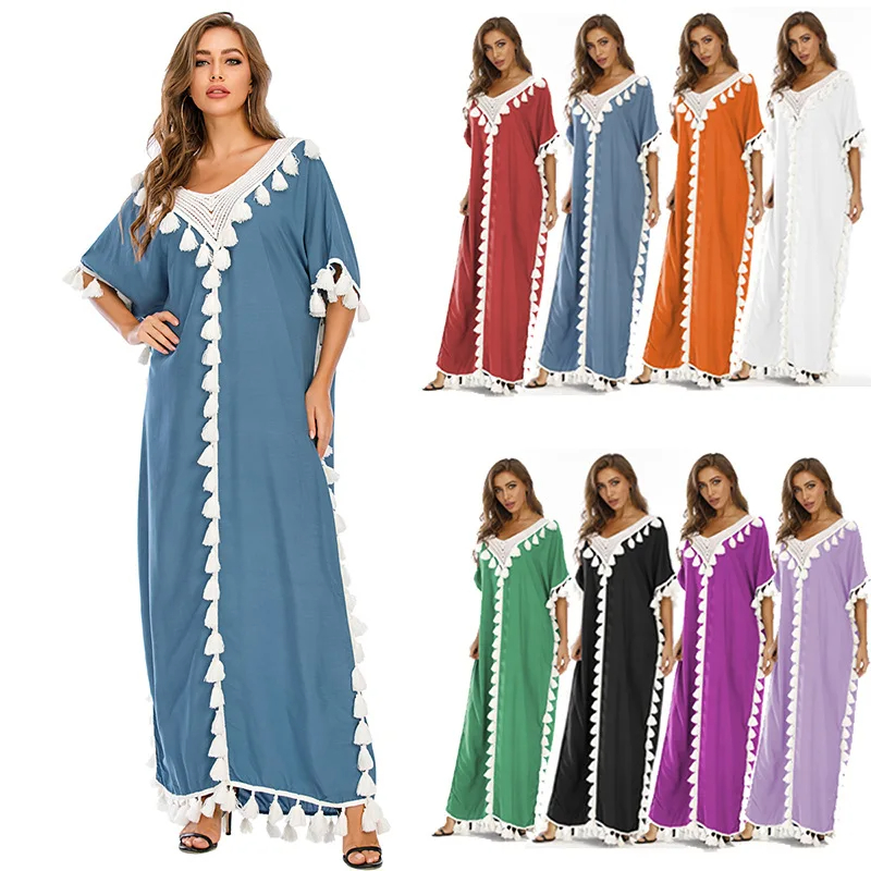Abaya Dress Women Boho Summer Tassel Moroccan Kaftan Islam Clothing India Ropa Long Robes Evening Gown