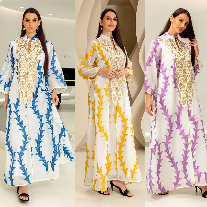 Middle East Muslim Robe Costume Gorgeous Banquet Dress Abaya Femme Double Stitching Embroidery Türkiye Loose Dress