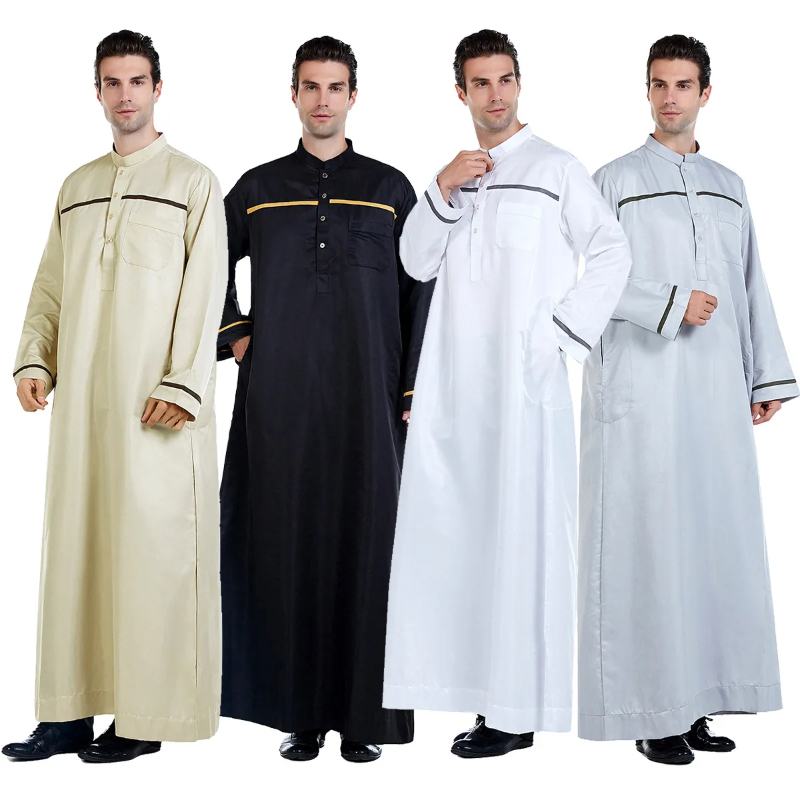 Muslim Men Jubba Thobe Long Sleeve Solid Color Breathable Robes Stand Collar Islamic Arabic Kaftan Men Abaya