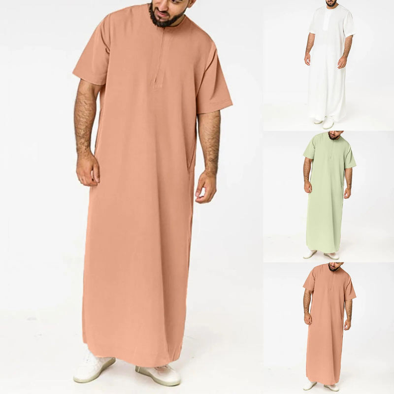 Mens Solid Color Robes Saudi Style Zipper Jubba Thobe Man Vintage Short Sleeve O Neck Muslim Arabic Casual Loose Islamic