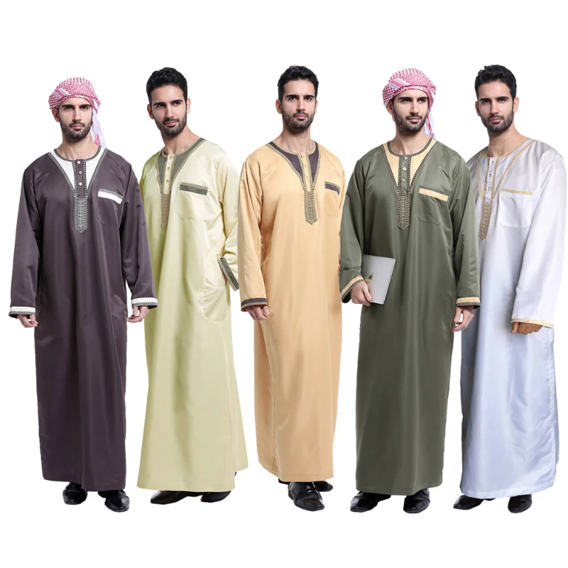 Men’s Muslim Robe Long Sleeve Islamic Clothing Middle East Thobe Arabia Kaftan Solid Color Robe Male Costume Round Neck Abaya