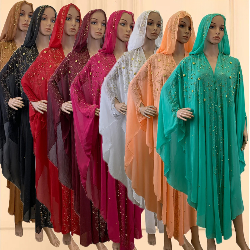 New Trends Turkey to African Hooded Abaya Kaftan Chiffon Beading Women's Party Dresses Muslim Boubou Fashion Outfit Open Robe