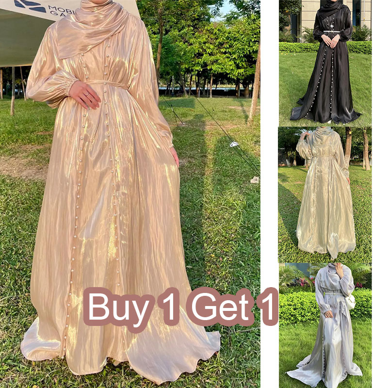 Women Eid Muslim Sets Two Pieces Puff Sleeve Gorgeous Party Dress Pearls Long Robe Dubai Abaya Solid Streamer Yarn Vestidos