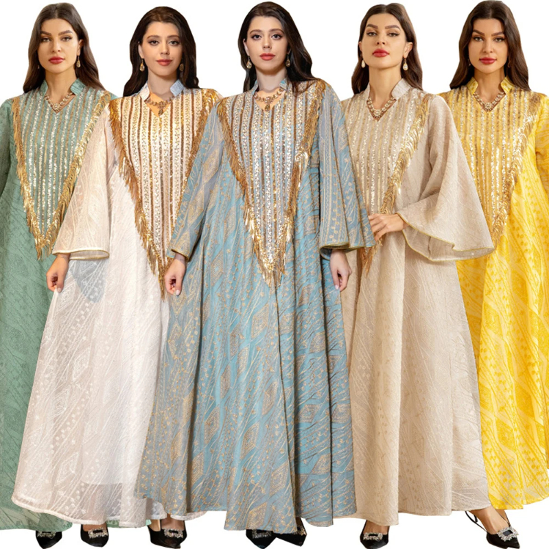 Arab Dubai Mesh Sequins Embroidery Evening Robe For Women Jalabiyat Muslim Turkish Casual Loose Long Sleeve Clothing