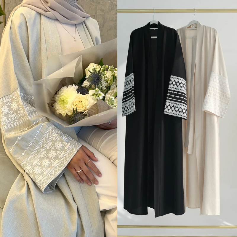 Cotton Linen Muslim Modest Dress for Women Eid Embroidery Open Abaya Dubai Islam Turkey Dresses Loose Long Sleeve Kaftan