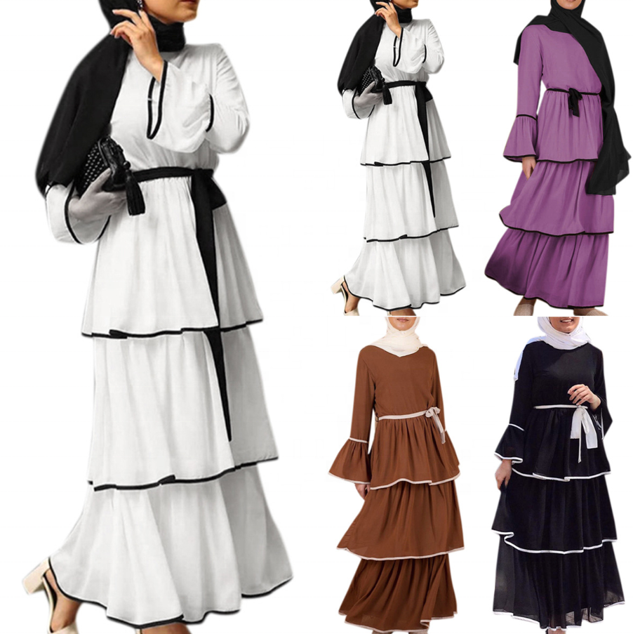 Plus Size Islamic Arab Women Maxi Long Dress Long Sleeve Chiffon Dress Abaya Muslim 3 Layers Cakes Dress
